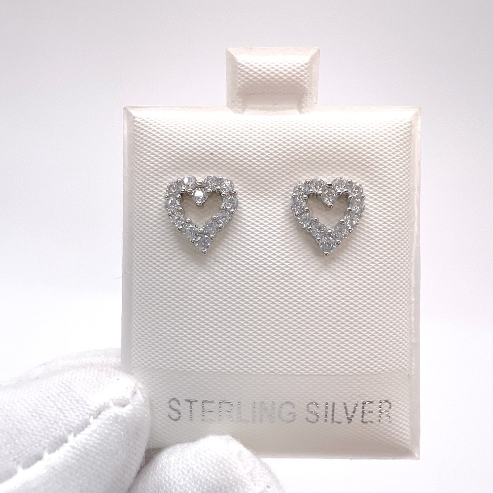 .925 Sterling Silver Open Heart Clear Cz Earrings - Picture 7 of 14